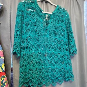 Monoreno Women's Crochet Boho 3/4 slv turquoise beach lace up S